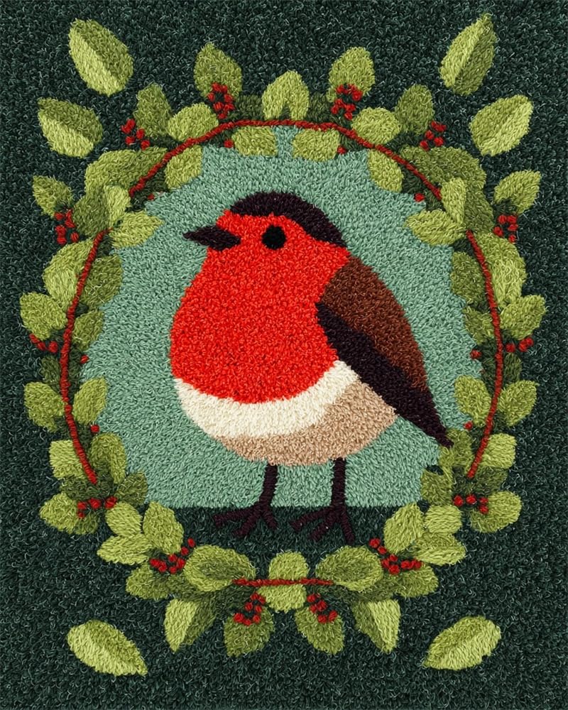 FWRTYCB 3D Latch Hook Rug Kit Robin Standing Inside a Wreath