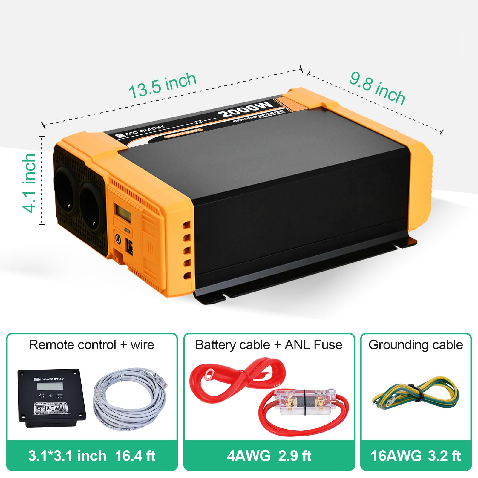 ECO-WORTHY Wechselrichter 12v auf 230v Reiner Sinus, Wechselrichter 2000w, Spannungswandler eingebauter Dual 18W USB-Anschluss, 2 * AC-Steckdosen, 1 * Hardwire-Klemmen und 1 * 100A Sicherung