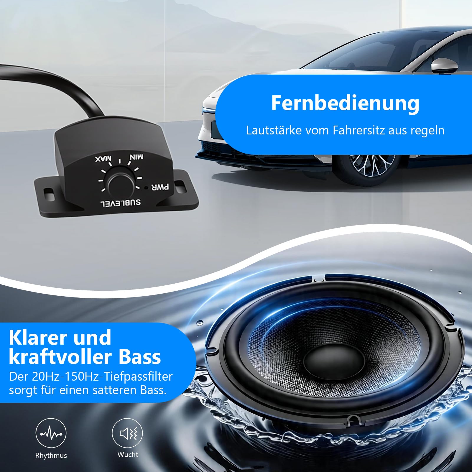 Aktiver 10 Zoll Subwoofer Ultraflach 800W 2.5 Ohm unter Sitz Fernbedienung | Aktivsubwoofer für Auto, 20-150Hz Frequenzgang, 90dB Empfindlichkeit, Aluminiumgehäuse mit Fernregler und Schutzschaltungen