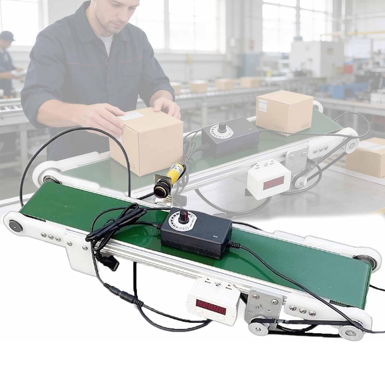 AYCDL Adjustable PVC Desktop Conveyor Belt for Restaurants, 1.8-7.6Cm/S Speed, 116RPM Motor, Automatic Counter, Positive & Negative Rotation, 10 * 100 cm Cargo Lane,10X100