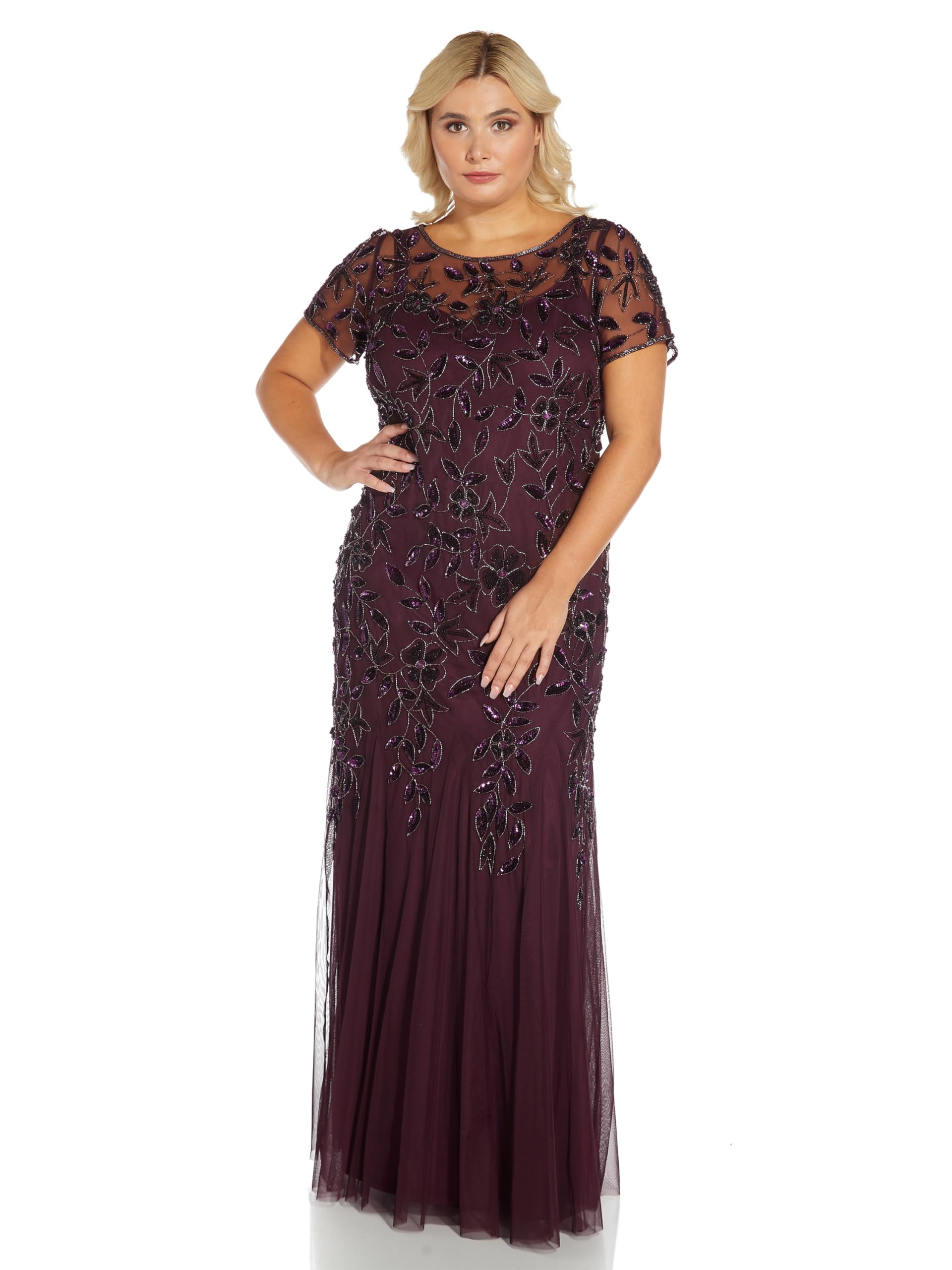 Adrianna Papell Women's Short-Sleeve Floral Beaded Godet Gown Dress, Night Plum, 10