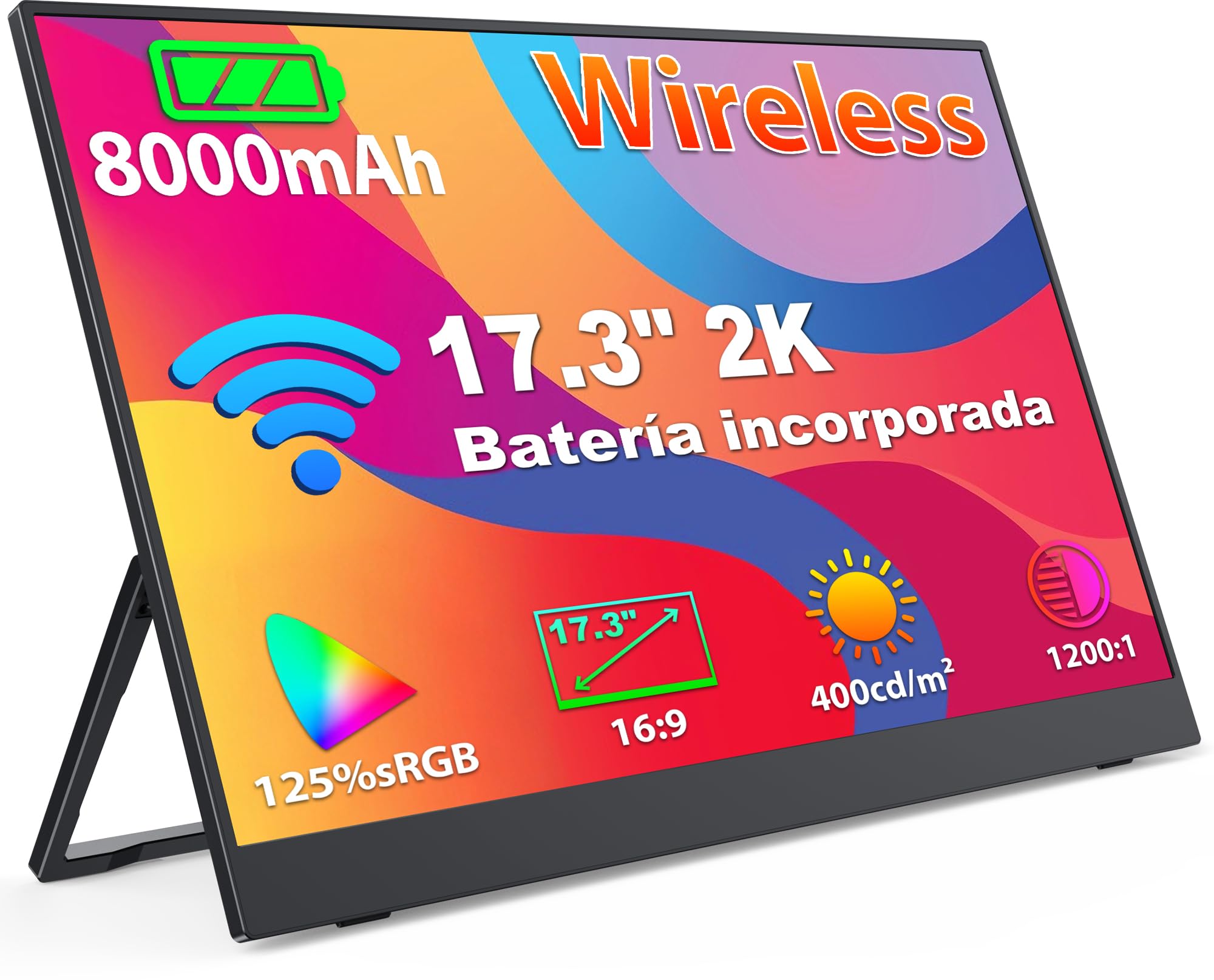 17.3" 2K Monitor Portatile Wireless (WiFi), 2560×1440P QHD Schermo Portatile Batteria Integrata(8000mAh), Monitor Portatil Senza Fili, Supporto AirPlay/Miracast, per Laptop/PC/Mac/Telefono/Tablet