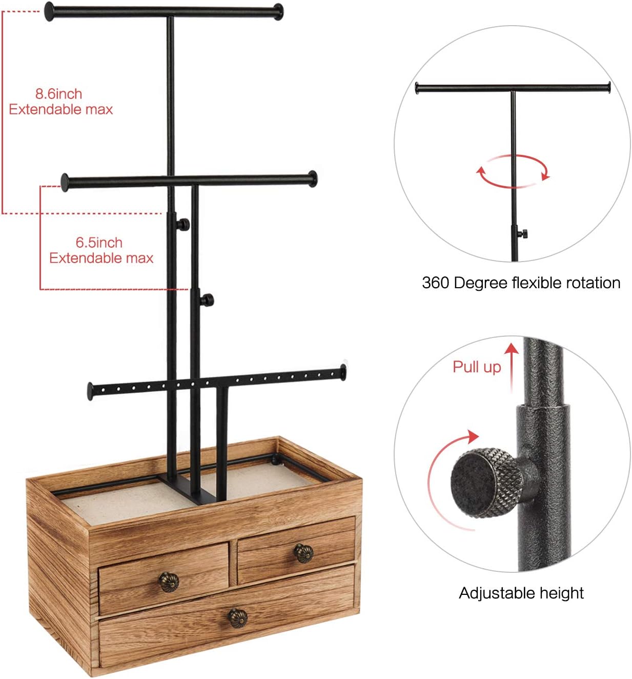 X-cosrack Jewelry Tree Stand Organizer 3 Tier Metal Jewelry Holder Stand with Wood Basic Storage Box, Adjustable Height Holder Display for Necklaces Earrings Bracelets and Rings, Carbonized Black : Clothing, Shoes & Jewelry