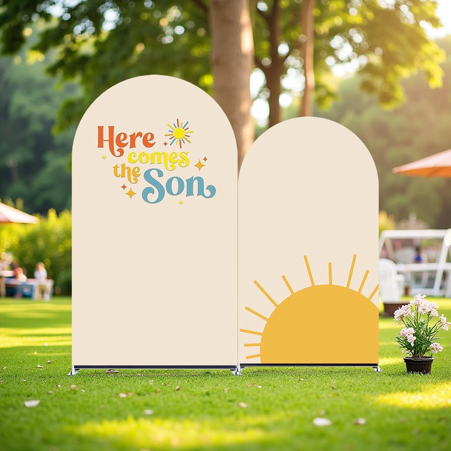 2Pcs Here Comes The Son Arch Backdrop Covers, Retro Rainbow Spandex Fabric Backdrops for Baby Shower, Gender Reveal, Boy Birthday Party Decoration (Set of 7.2ft,6ft) image 2
