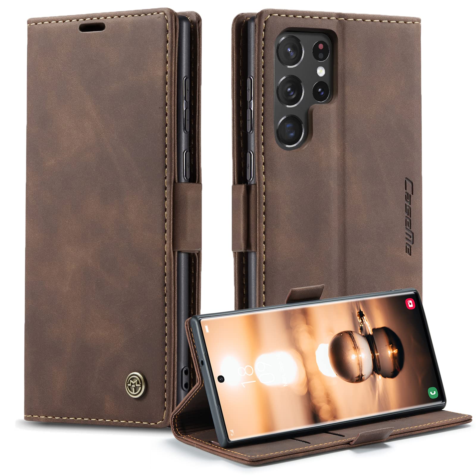 for Samsung Galaxy S22 Ultra Case, Flip Wallet Leather Case with Card Holder Magnetic Closure Shockproof Kickstand Protective Phone Cases Cover for Samsung S22 Ultra,Coffee