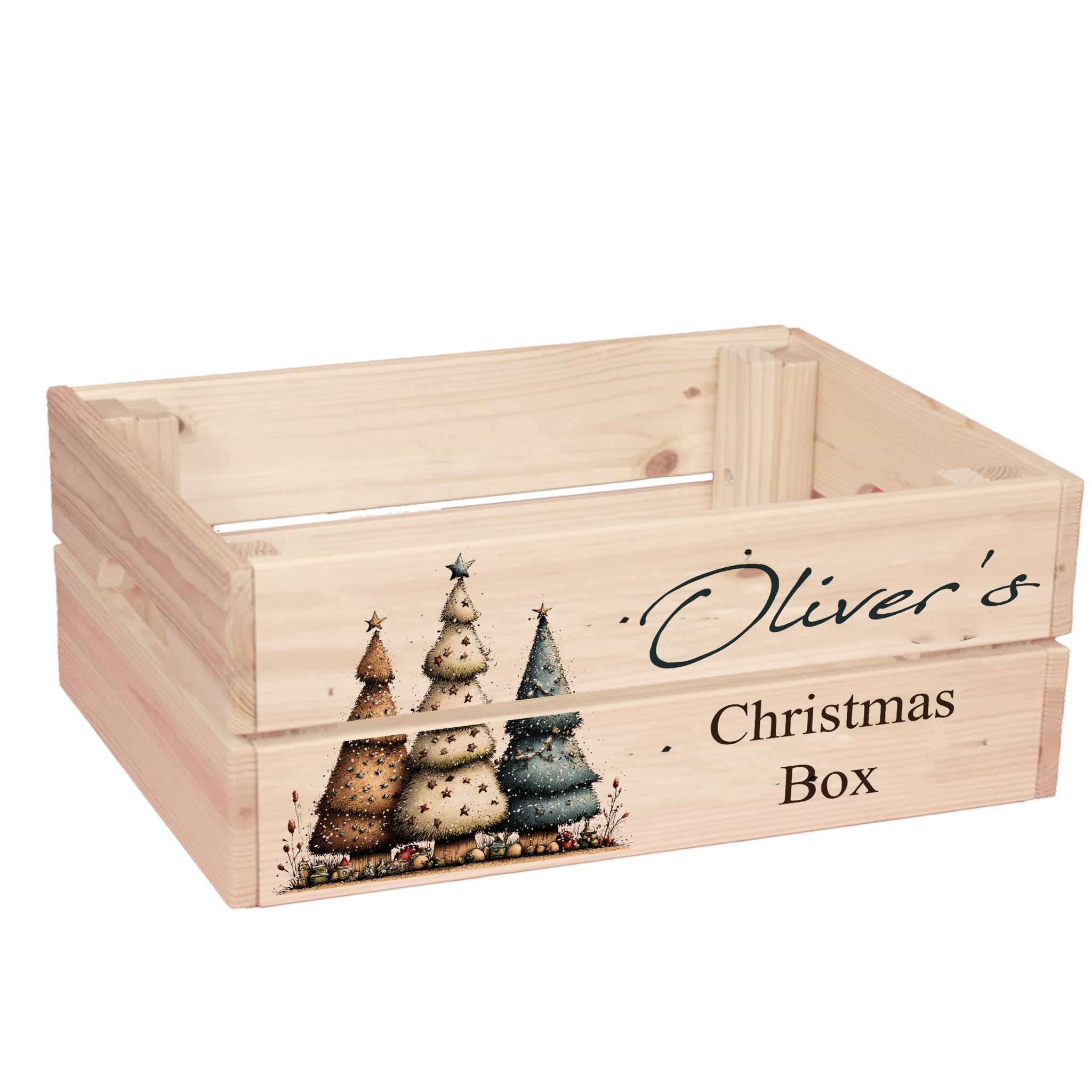 ukgiftstoreonline Personalised Christmas Eve Box with Santa, Trees, Reindeer, Snowman Designs, Wooden Storage Crate, 30.5 x 25 x 12 cm, Holiday Presentation Box with Side Handles (Tree Set 1) โ image 1