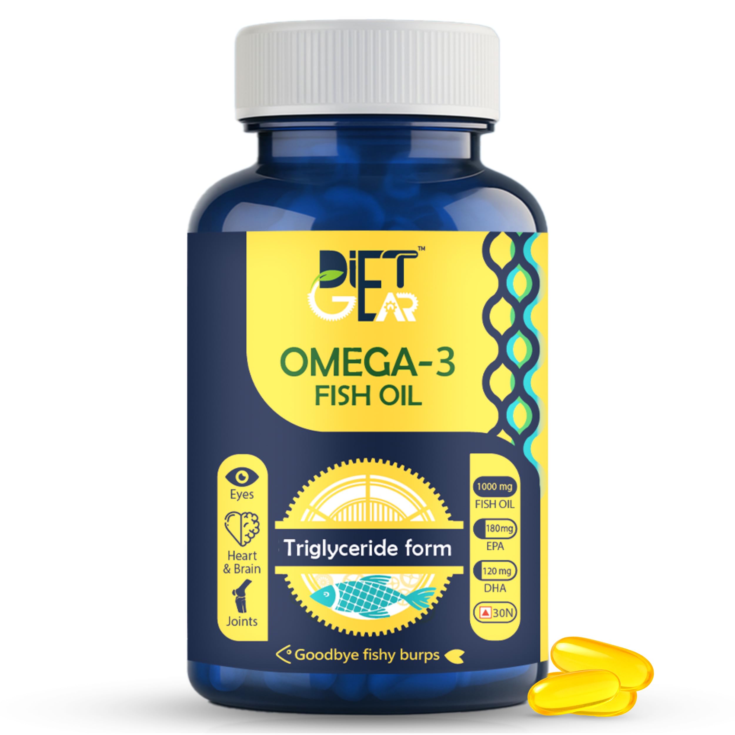 Omega 3 Fish Oil Capsules 1000 mg omega 3 180 mg EPA and 120 mg DHA - Re-Esterified Triglyceride Form for Most Optimal Absorption, No Fishy Burps - Heart & Brain Health - 30 Capsules