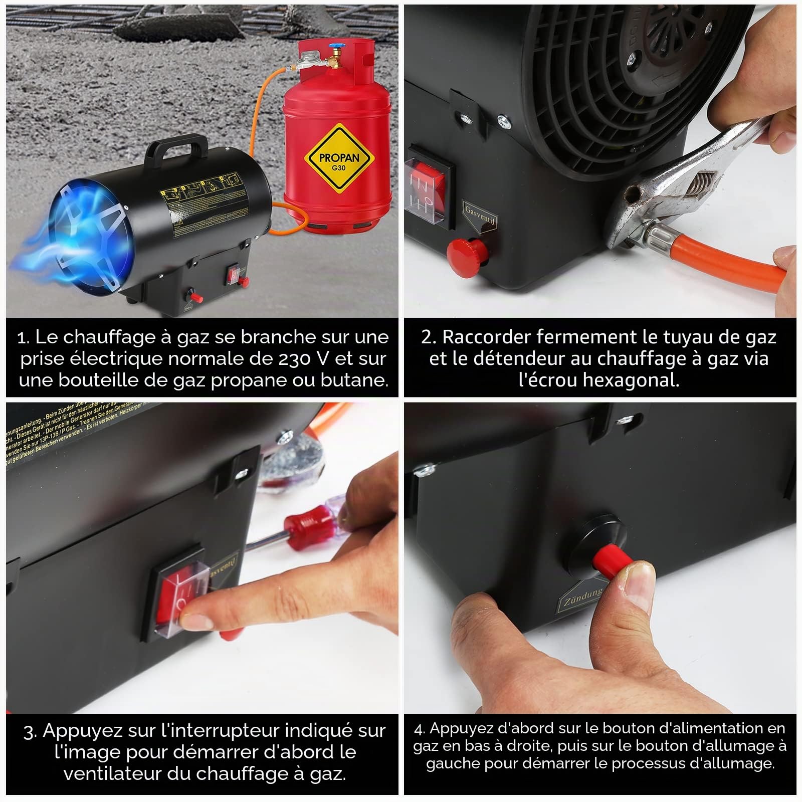 Ikodm Chauffage à gaz pour intérieur 30 kW 220 V Chauffage à gaz soufflant au gaz propane 650 m³/h Débit d'air avec tuyau de gaz de 1,2 m et soupape de réduction de pression 700 mbar