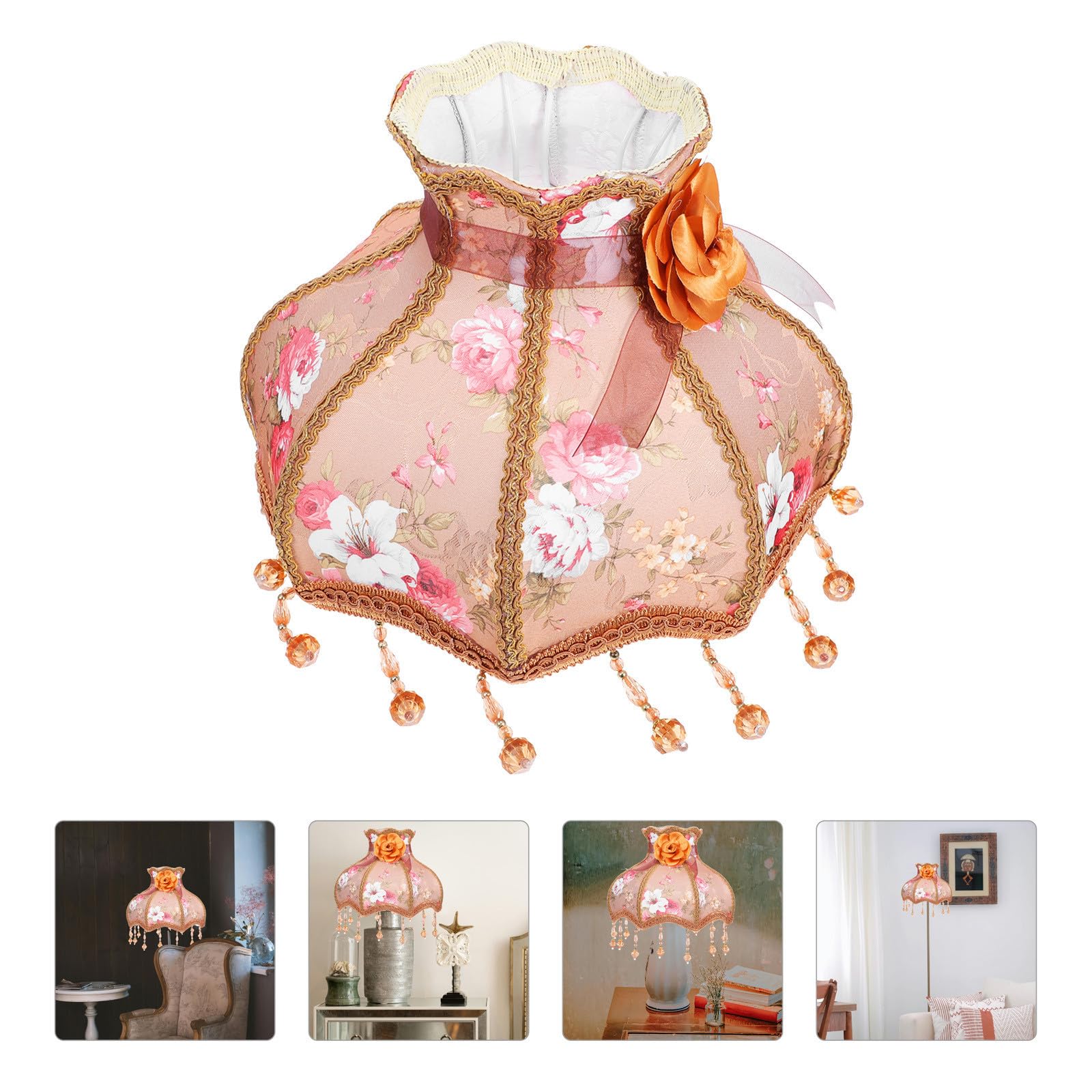 Vintage Lampenschirm aus Gewebe mit zartem Spitzenmuster braunem Fransen Lampenschirm für Tischlampe