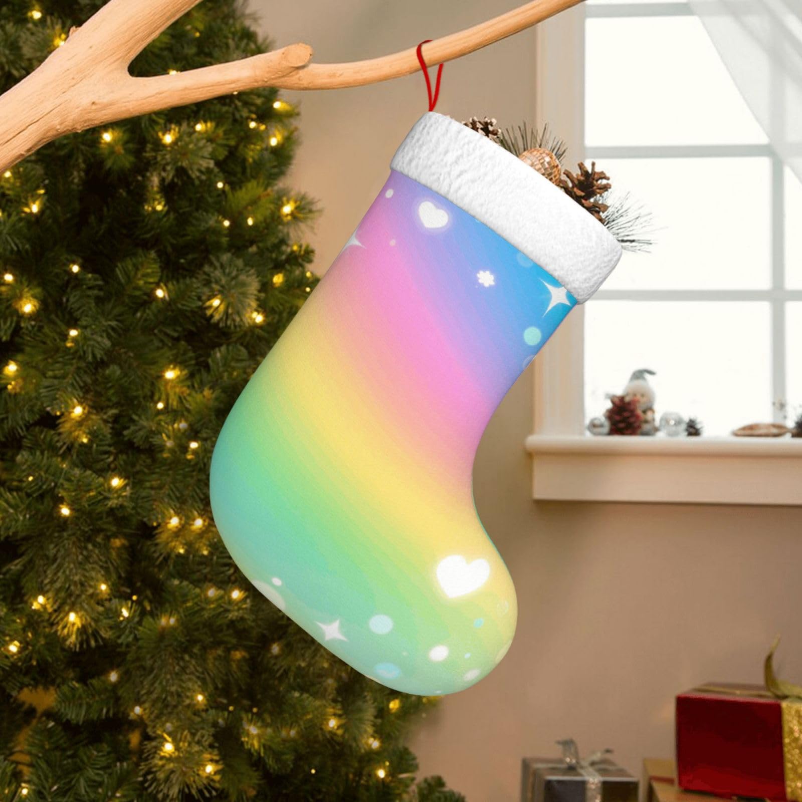 Velvet Christmas Stockings 17.7 Inch, Pastel Rainbow Xmas Stocking with Soft Cuff,Classic Personalized Christmas Tree Decoration for Family Holiday New Year Party Supplies