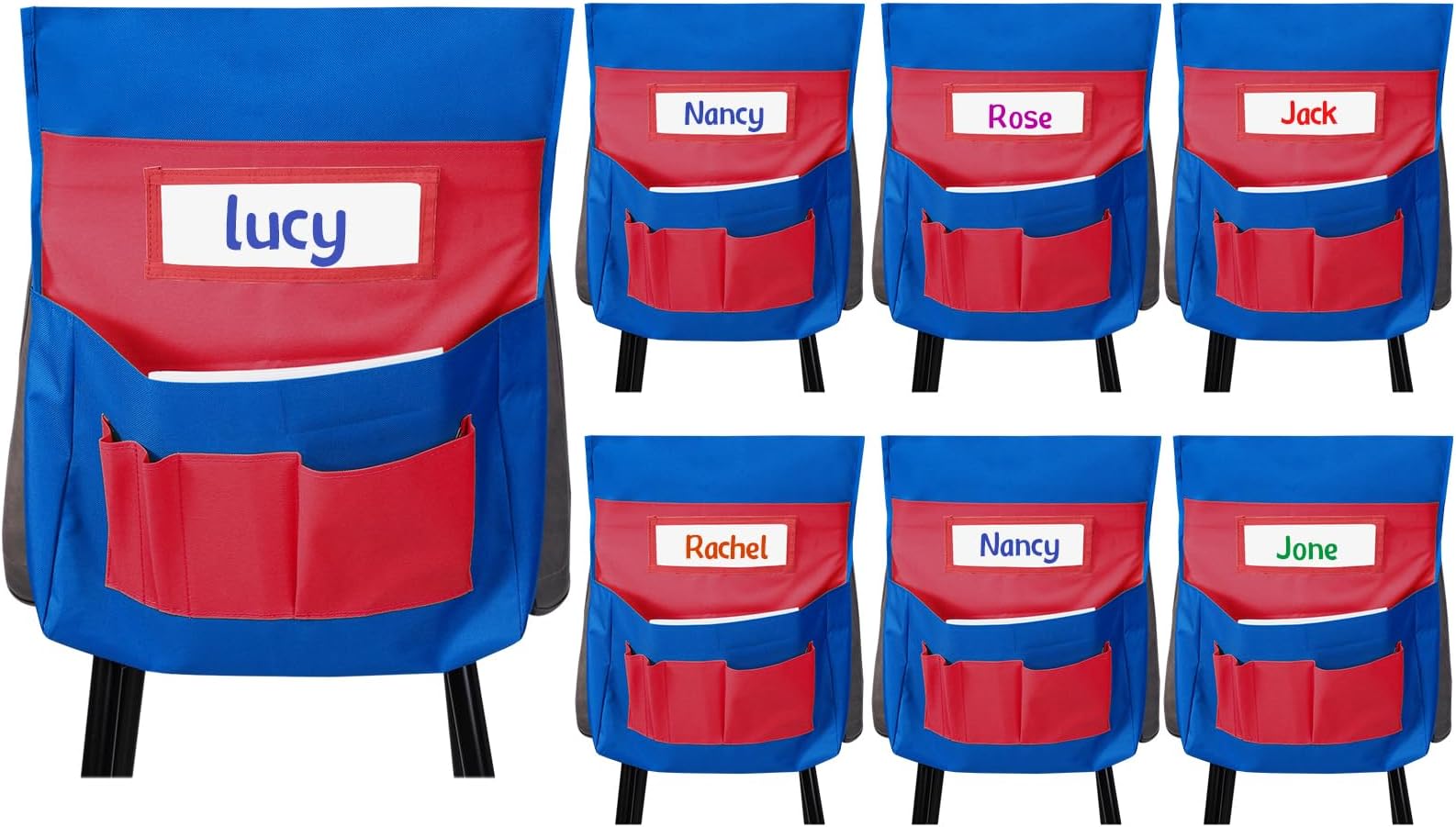 Talltalk 12 Pcs Chair Pockets Bulk Chair Back Buddy Pocket Chart Seat Back Organizer with Name Tags Over The Chair Storage Pocket for Classroom School Keeping Student Book Organized (Blue and Red)