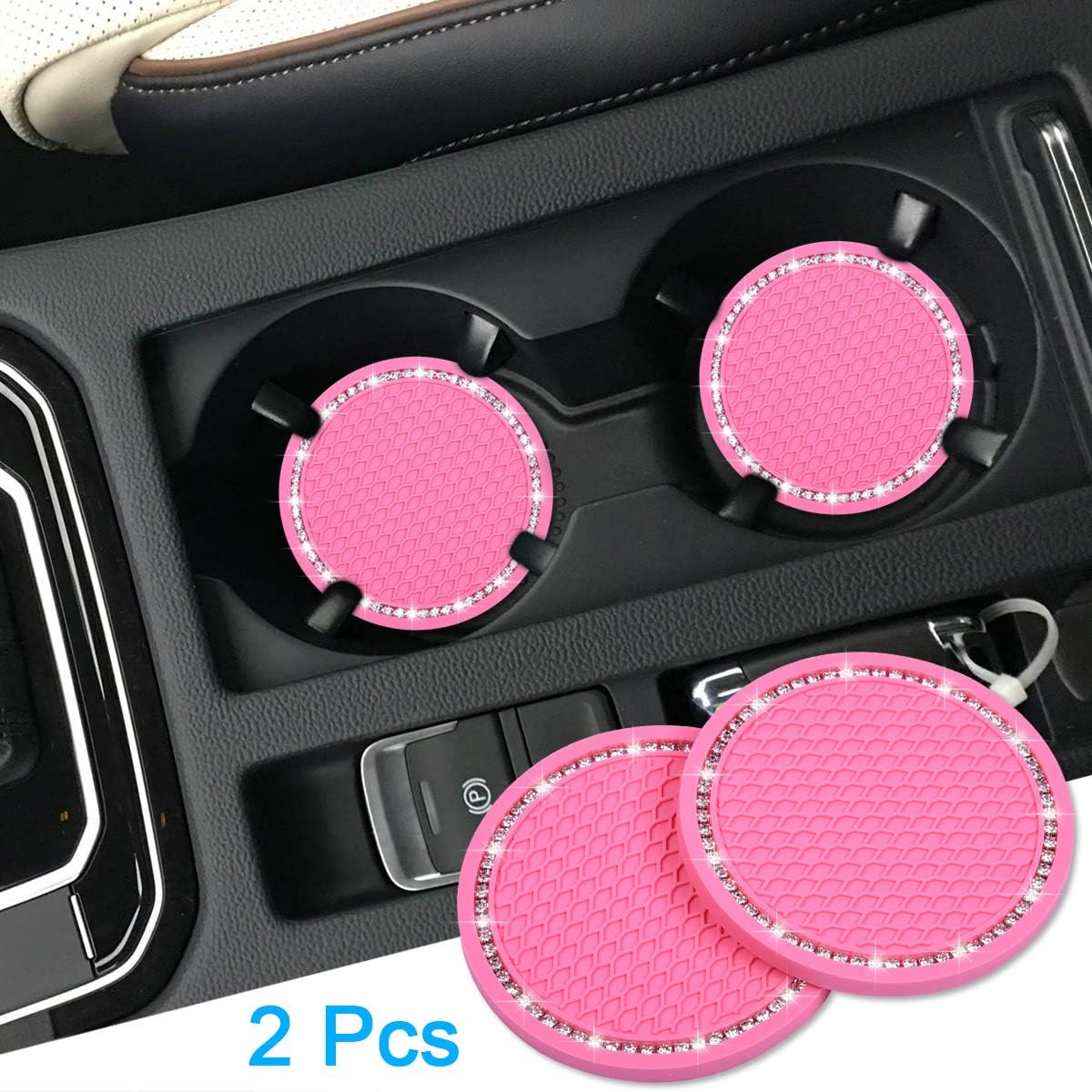 Bling Car Coasters, Wisdompro 2 Pack PVC Car Cup Holder Insert Coaster - Anti Slip Universal Vehicle Interior Accessories Crystal Glitter Cup Mats for Women and Men (2.75" Diameter, Pink)