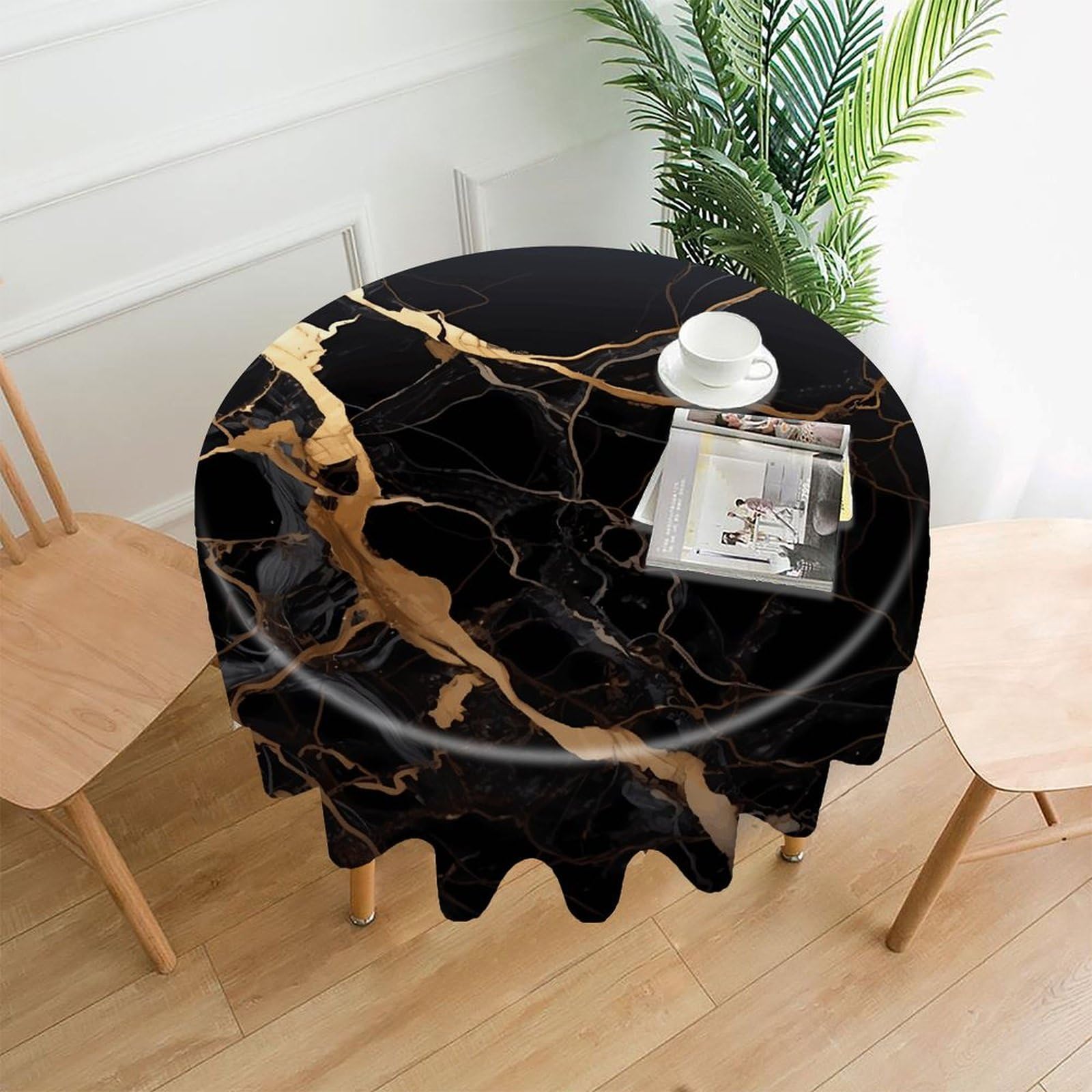 VstaDank Black Gold Marble Tablecloth Easy to Clean Polyester Round Table Cover Washable Round Table Cloth Wrinkle-Free Circle Decoration Tablecloth for Kitchen Dining Room 60"