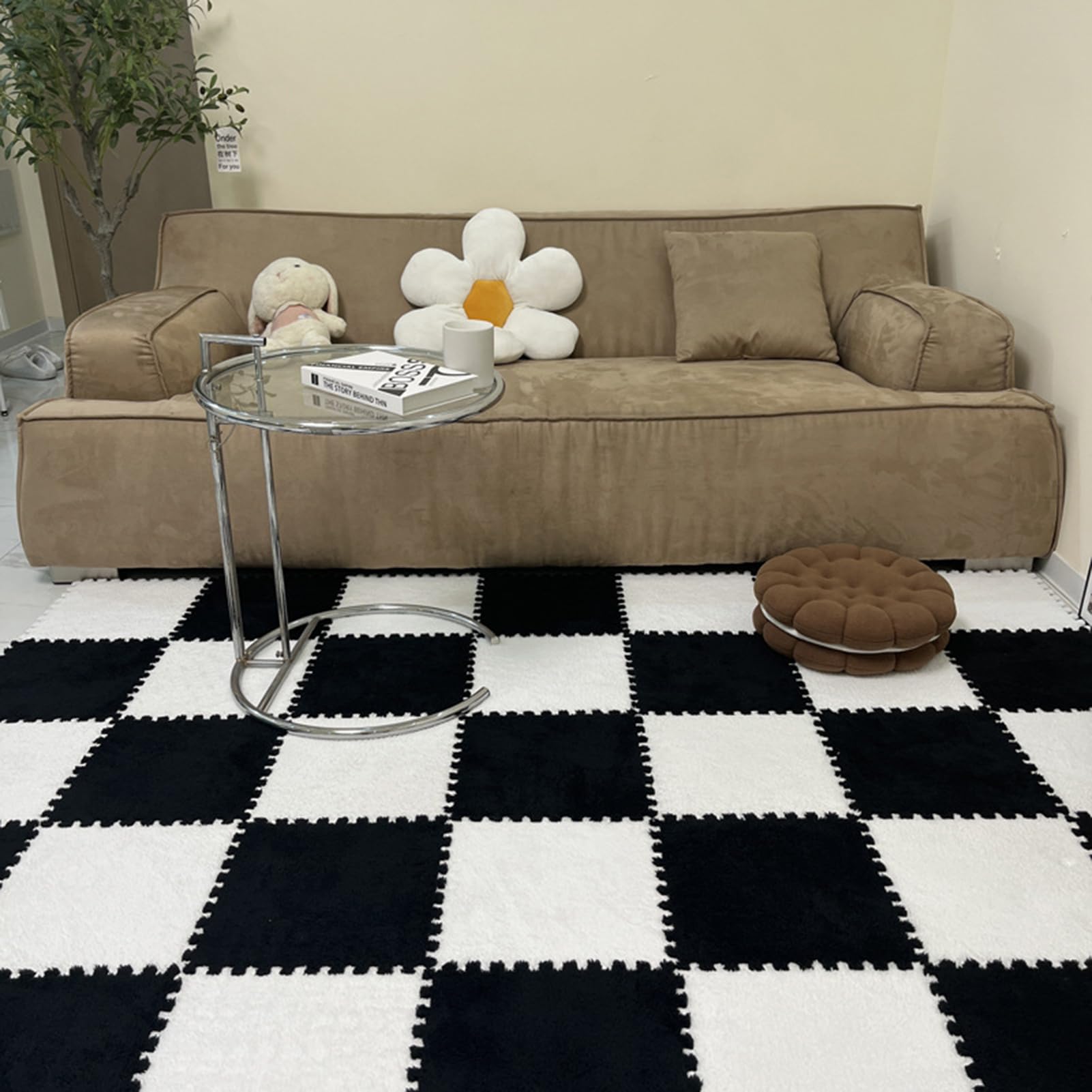 Pluszowa mata piankowa, 200 sztuk pluszowej maty piankowej, poduszka podłogowa do stolika nocnego z puzzlami, mata do gry, dywanik w kratkę, płytki podłogowe