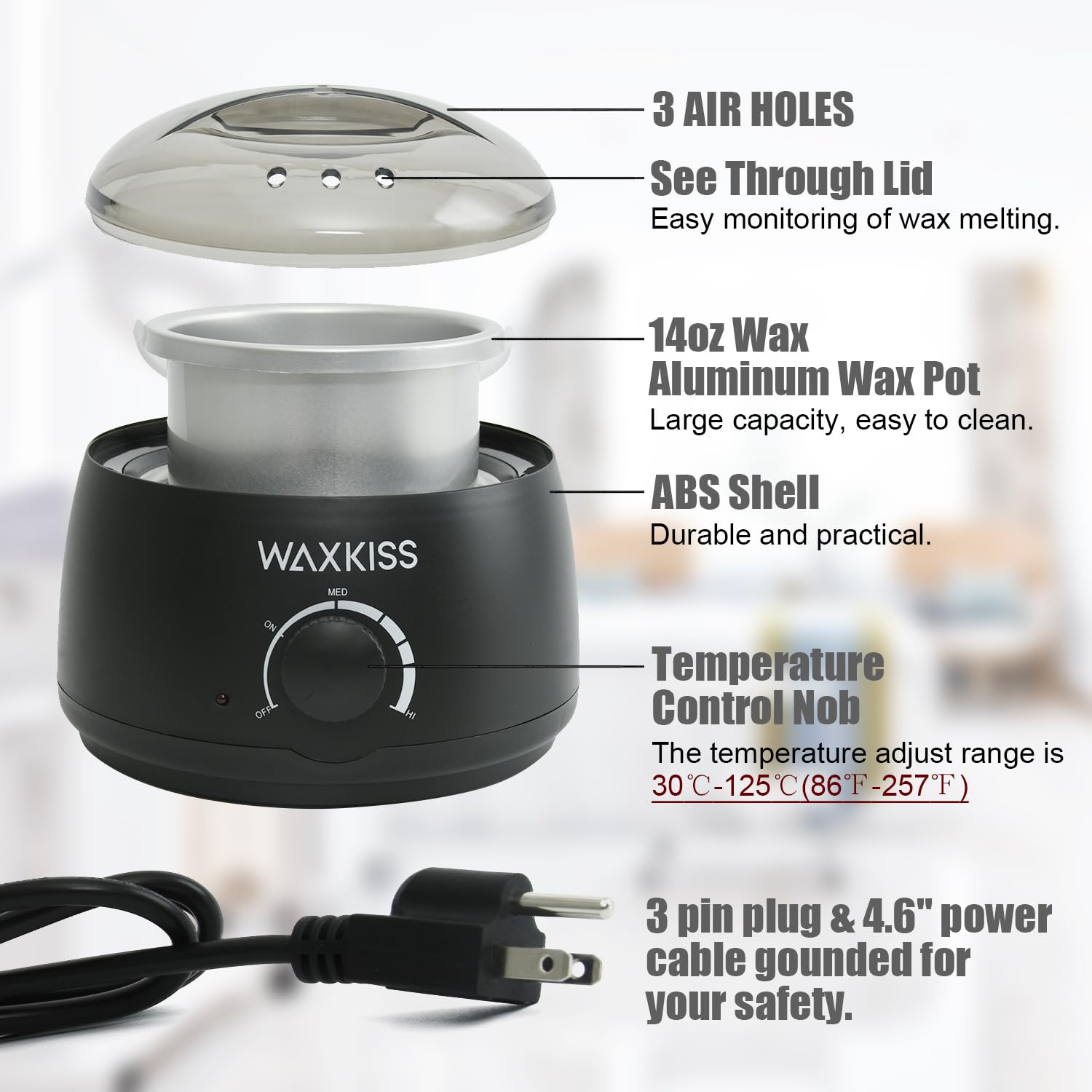 Waxkiss Calentador de cera de 14 onzas, calentador de cera profesional para depilación con tapa transparente y máquina de fusión de cera de aluminio para mujeres y hombres