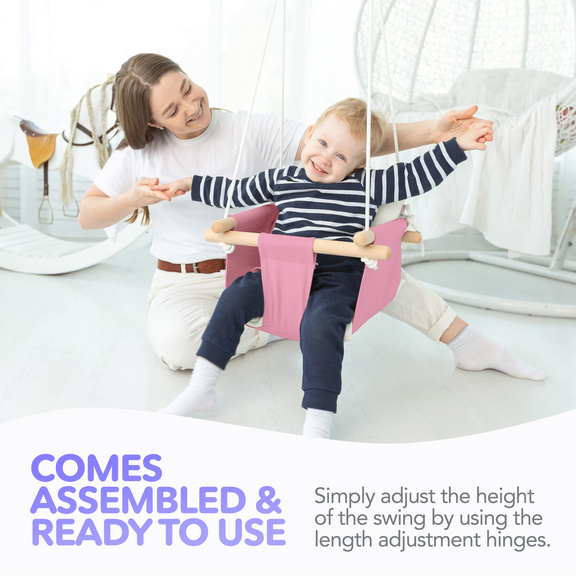 CaTeam - Altalena per Bambini in Tela, Sedia Altalena Sospesa in Legno con Cintura di Sicurezza, Sedia per Amaca Resistente, Altalena per Esterni e Interni per Bambini, Rosa