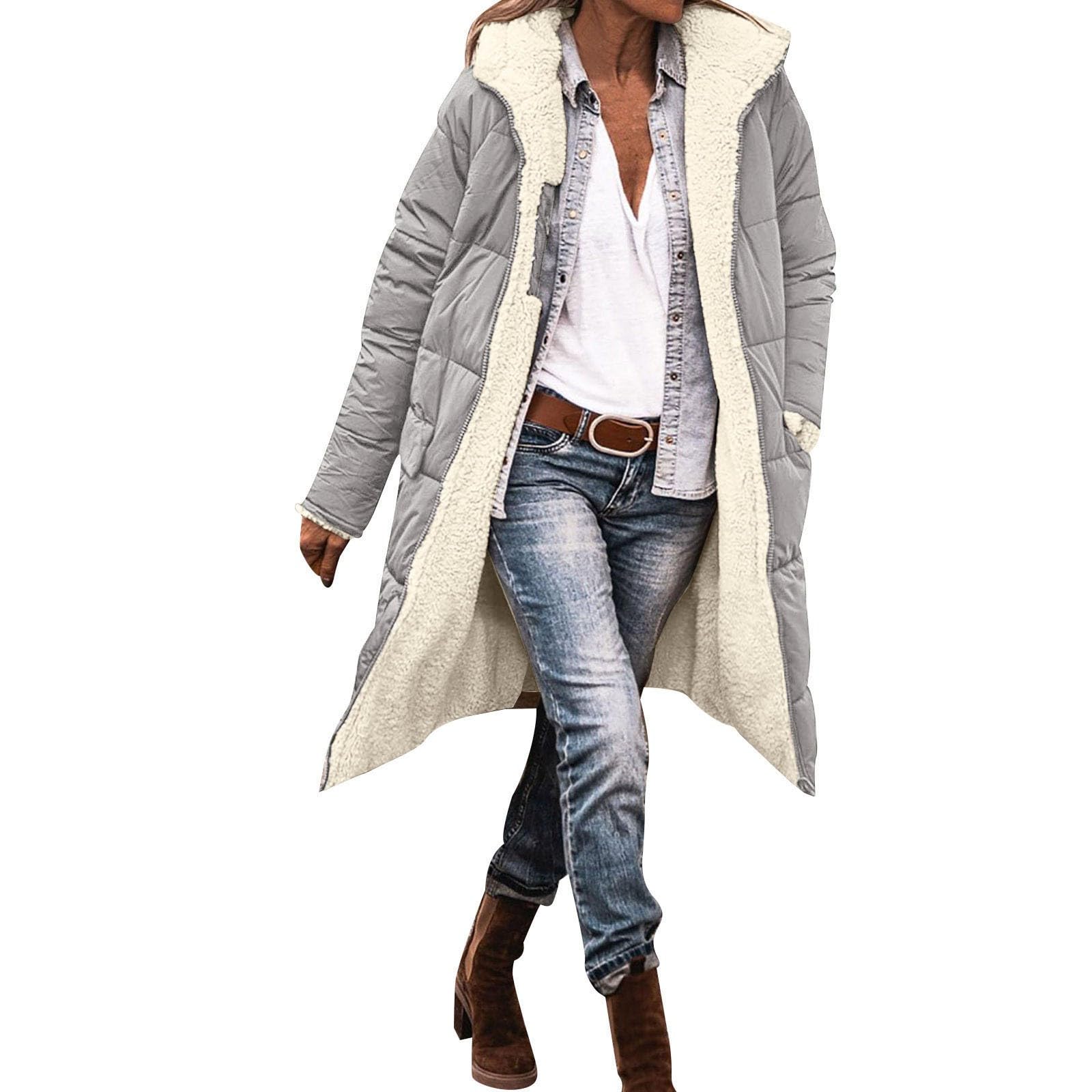 Cappotto invernale da donna alla moda con tasche in pile con cerniera, reversibile, per giornate fredde, abbigliamento casual con calda fodera interna
