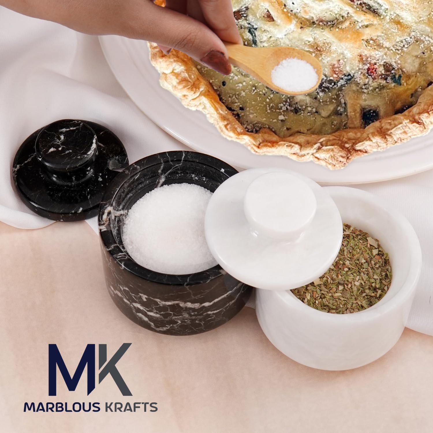 MARBLOUS KRAFTS Marble Salt Cellar with Lid 3" White and Black Zebra Spice Jar For kitchen Counter Stone Salt Container and Salt, Pepper Bowls, Spring Decor