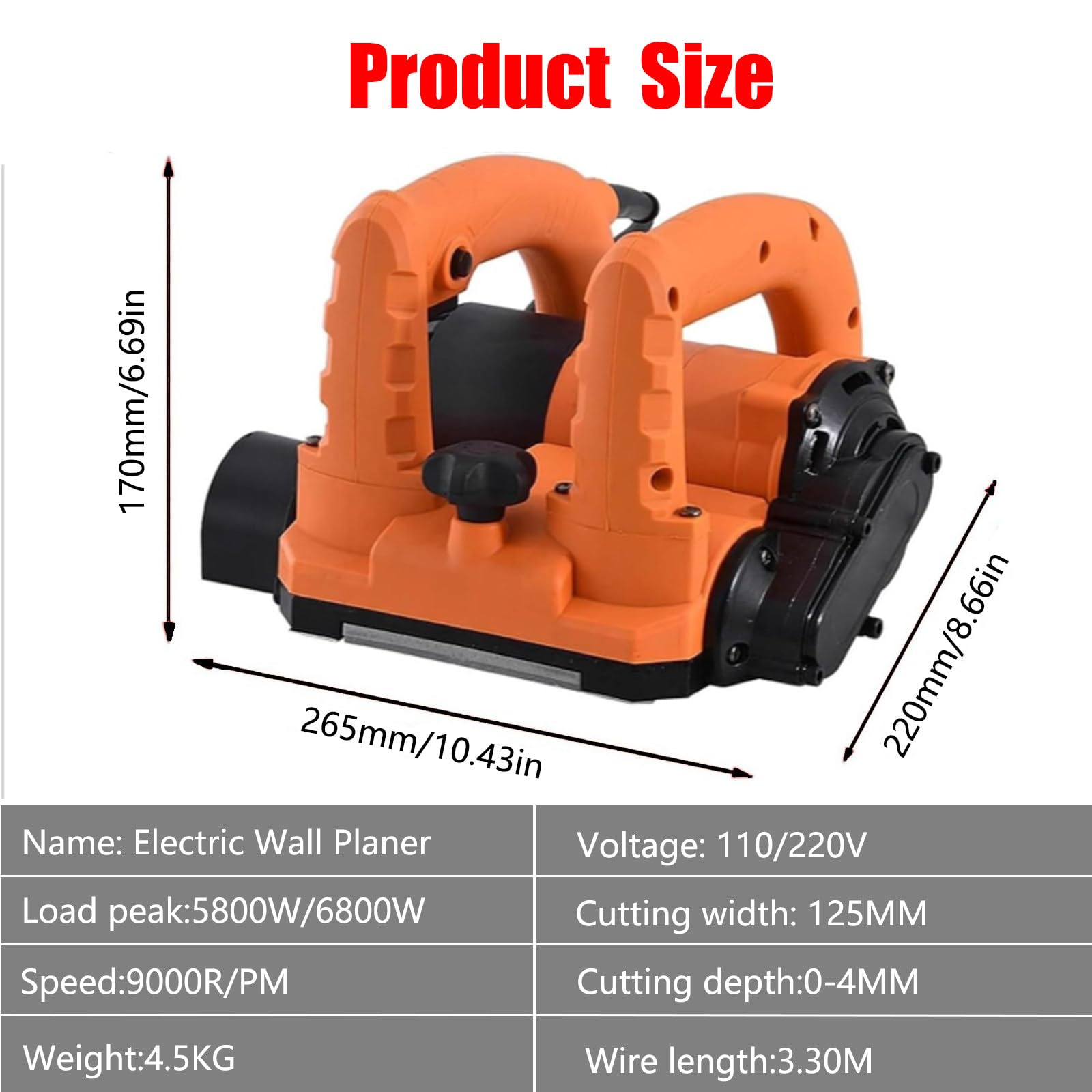 Raboteuse Murale électrique 6800 W Machine, raboteuse Murale électrique Robuste, Pelle à béton, 9000 TR/Min, Profondeur de Rabot réglable de 0 à 4 mm, pour Granit, Pierre, marbre,6800W