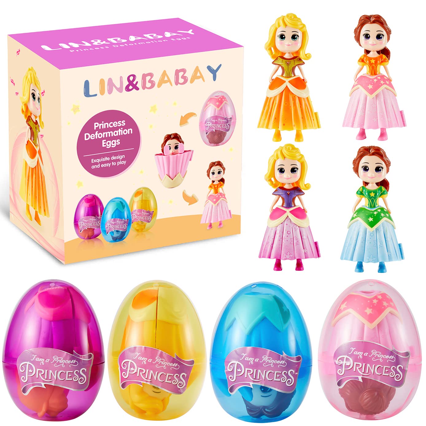 4 Pack Jumbo Princess Deformation Easter Eggs with Toys Inside, Easter Party Favors for Kids Boy Girl, Easter Basket Stuffers Gifts (Princess)