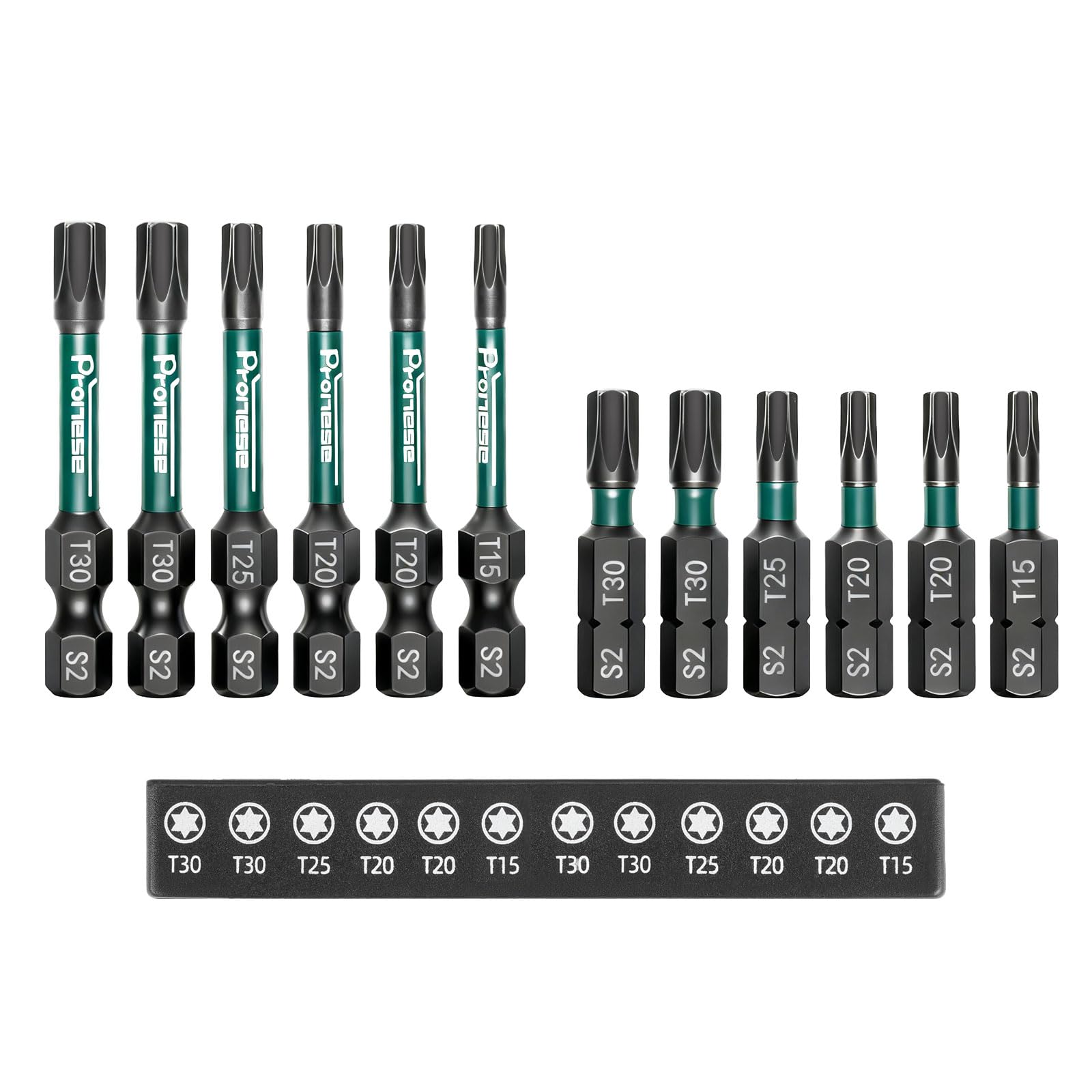 Pronese 12Pcs T30 T25 T20 & T15 Torx Bit Set, 32mm/50mm Magnetic Impact Driver Bits, S2 Steel 1/4” Hex Shank Impact Screwdriver Driver Bit Set
