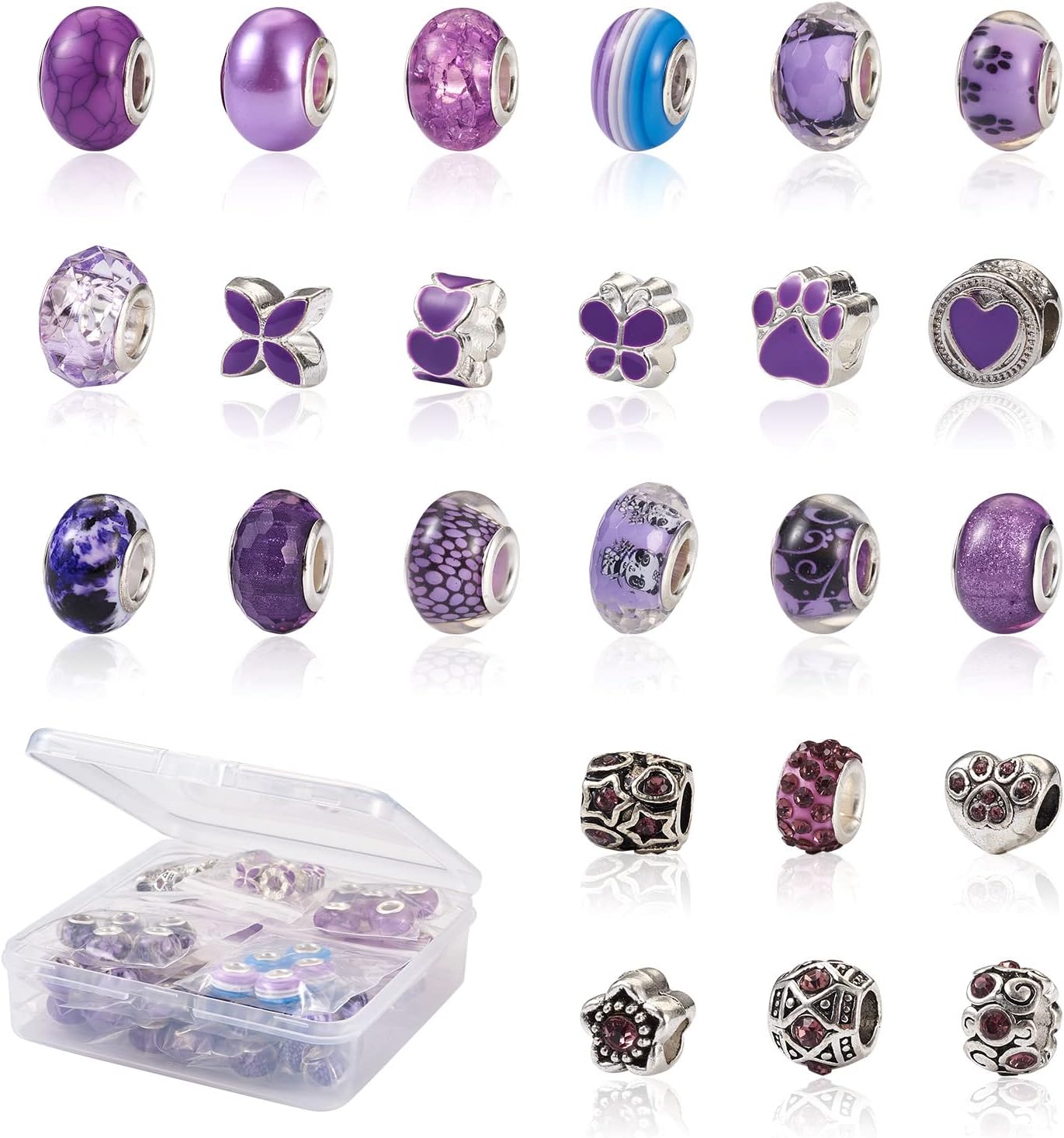 Cheriswelry 104Pcs 9.5-14mm Purple Theme Assorted European Lampwork Beads Metal Acrylic Resin Spacer Beads European Large Hole Beads for DIY Necklace Bracelet Jewelry Making Craft