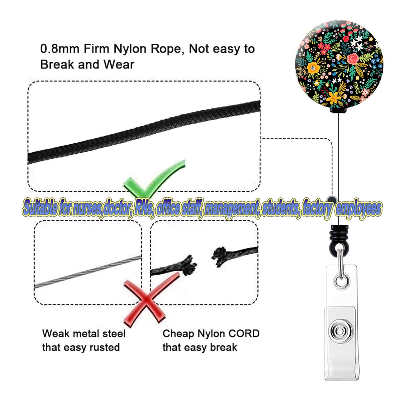 Floral Brain Retractable ID Badge Reel With Alligator Clip - 34 Inch Cord For Nurses, Teachers & Office Staff