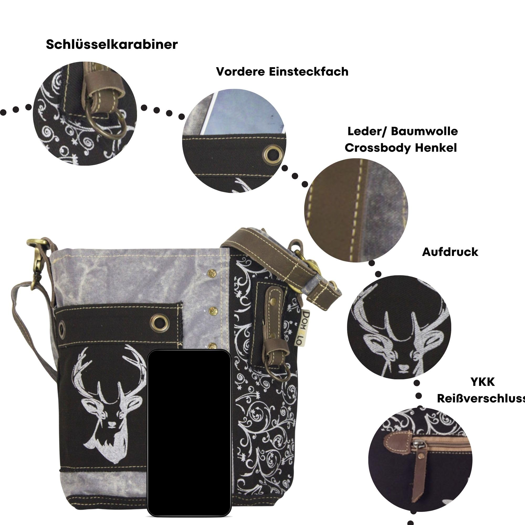 Domelo Trachtentasche. Kleine schwarze Umhängetasche. Oktoberfest Damen Crossbody Bag mit Hirsch Aufdruck. Canvas Tasche als Geschenk für Trachtenmode Liebhaber