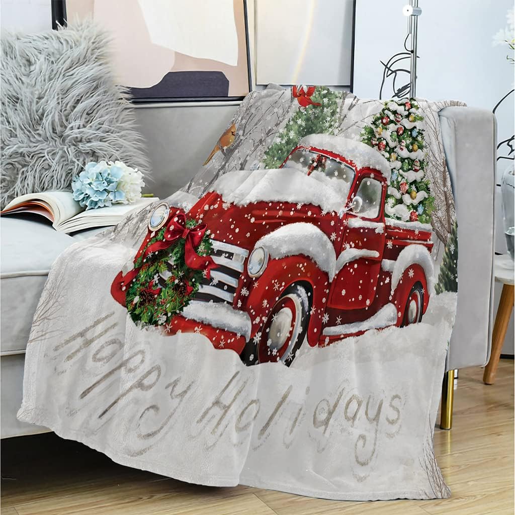 Fleece Blanket King Size Christmas Red Truck - Blanket for Bed, Sofa, Couch, Camping and Travel - Warm Lightweight Throw for Office Bedroom - Fluffy Soft Blanket King 108x90 Inches