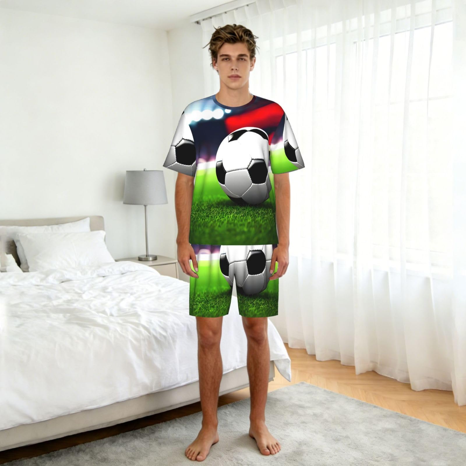 Conjunto de pijama para hombre con estampado de pelota deportiva de fútbol, ropa de dormir cómoda para hombre, perfecto para las noches de verano