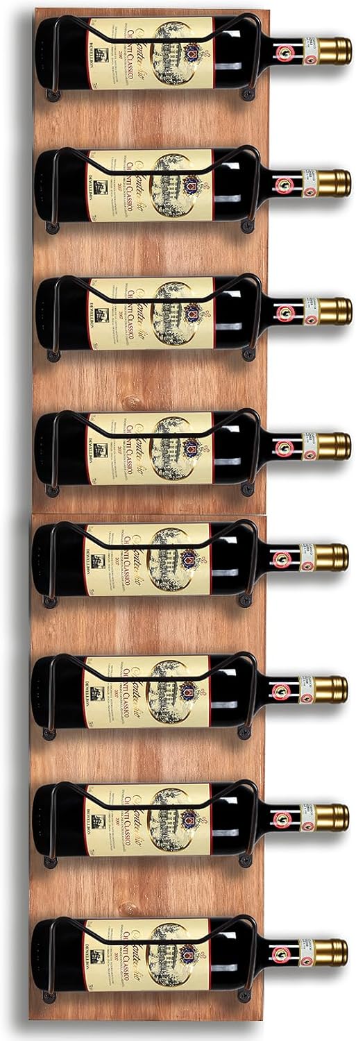 Wall Mount Wine Rack, Holds 8 Bottles, Wooden Wine Storage with Metal Brackets, Perfect for Small Spaces, Dining Rooms, Kitchens and Bars