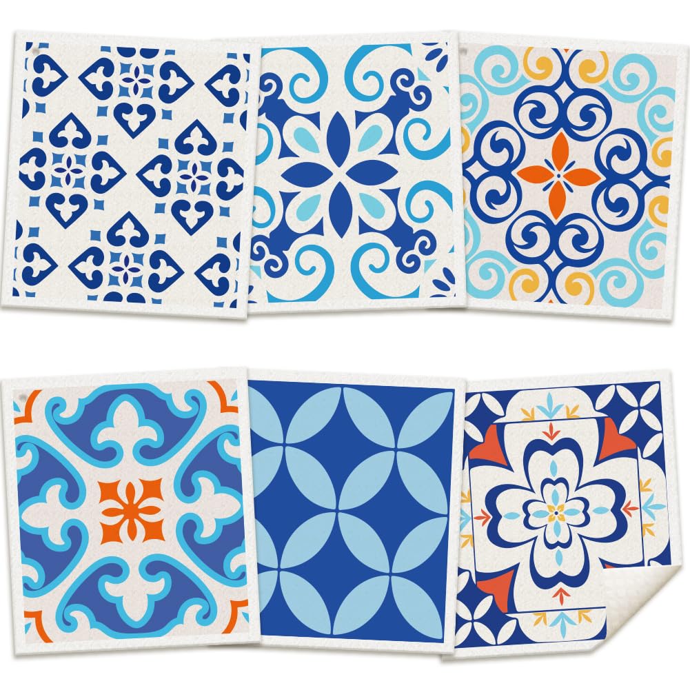 ORIGACH 6 PCS Blue Geometric Tile Pattern Swedish Dishcloths for Kitchen