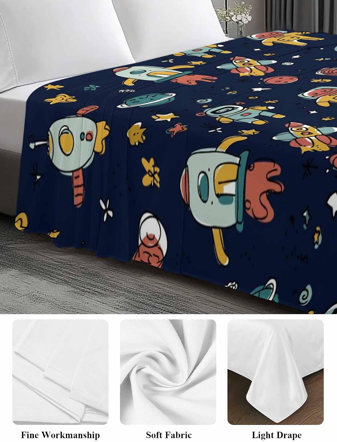Full Flat Sheet, Cartoon Space Full Bed Sheets Only, Soft Microfiber Flat Sheet, Funny Cute Rocket Planet Navy Blue Hotel Quality Bedding Top Sheet Bedroom Home Dorm Decor