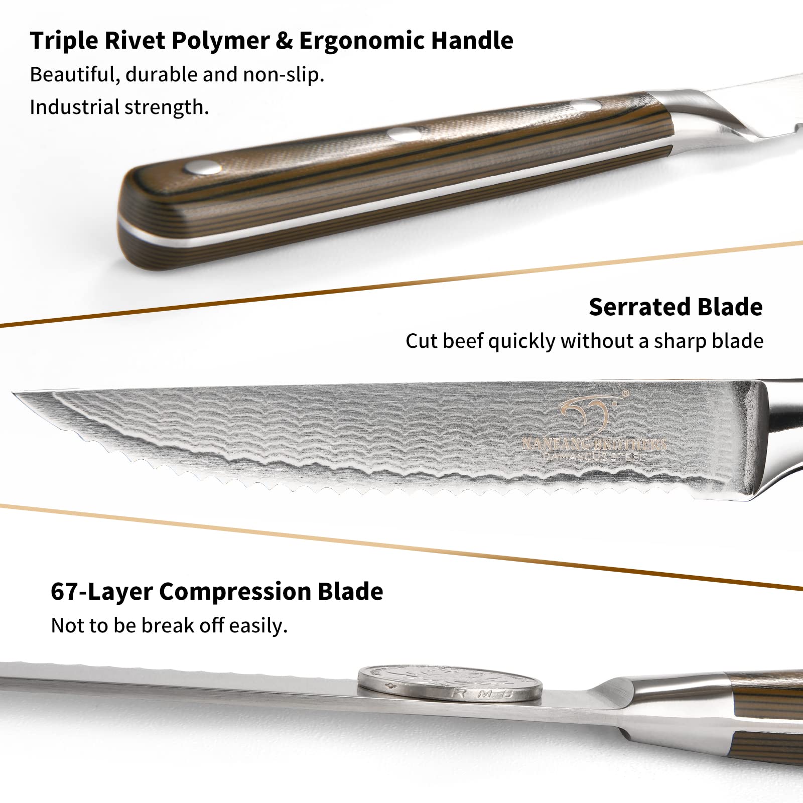 Damascus Serrated Steak Knife Set of 6 with Case, 5 Inch Serrated Steak Knife, 67 Layers Steel Blades Hand-sharpened to 15°, Non-slip G10 Ergonomic Triple Rivet Handle for Gift, Natural Wooden Box