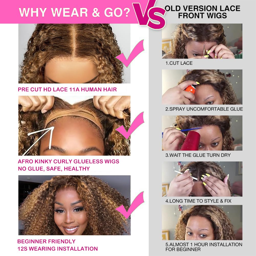 14 inch Kinkycurly Wear and Go Glueless Wig Ombre Highlight 4/27 Wigs Pre Cut Transparent Lace Wig human hair Pre Plucked,Natural Hairline for Women 200% Density