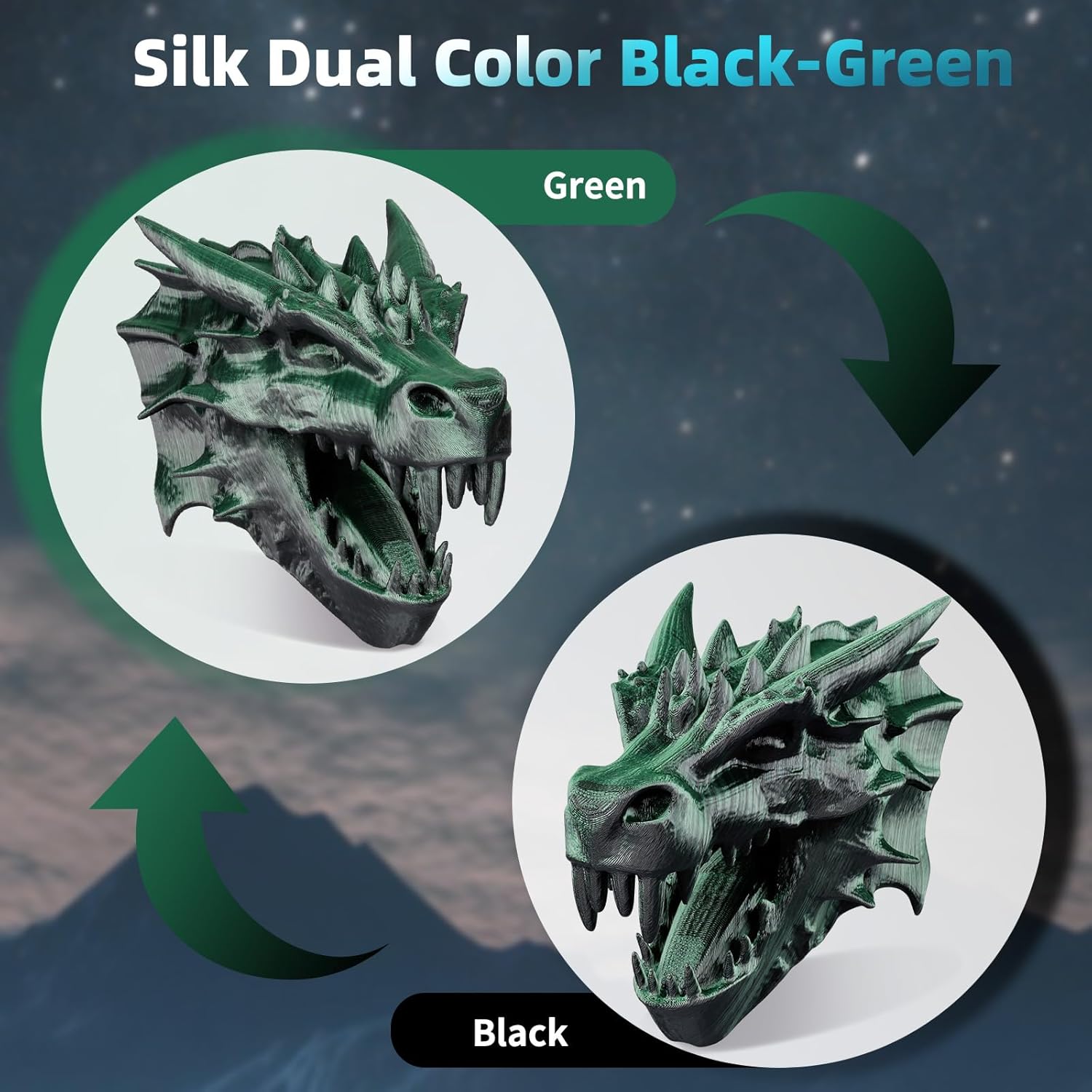 Dual Color Silk PLA 3D Printer Filament 1.75mm,Dual Color 2-in-1 Green-Black Silk Filament 1KG Spool (2.2lbs) Dimensional Accuracy Probability +/- 0.02mm Fit Most FDM 3D Printers, Black-Green - Image 2