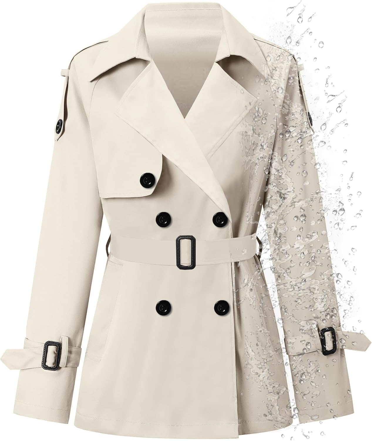 Betusline Women's Double Breasted Short Trench Coat Water-Resistant with Belt