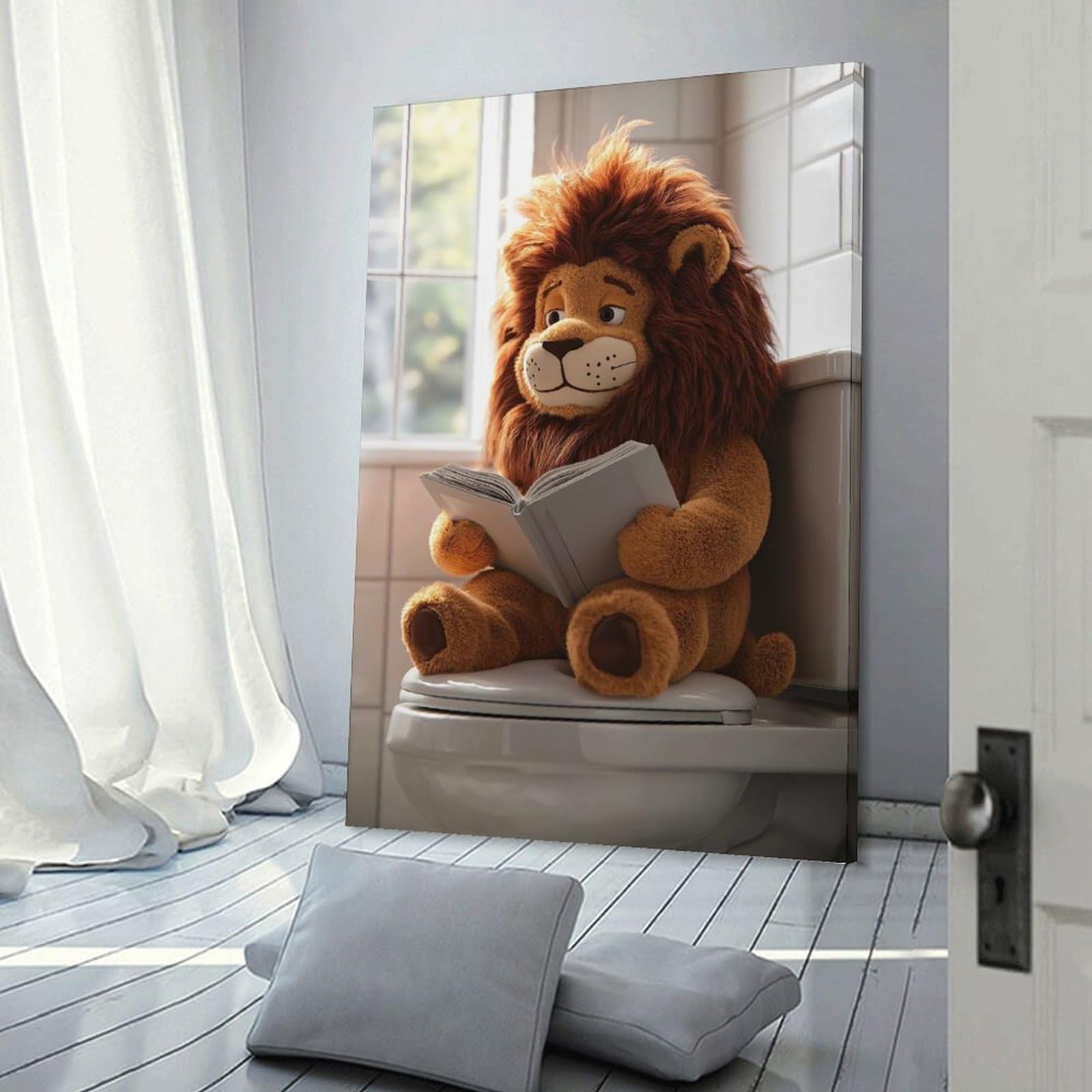 Junmoney Frame-Style-14 Lion Plush Reading On Toilet Decorative Wall Artwork, 24X36inch(60X90cm), For Corridors, Hallways Or Apartment Entries, Home Artwork For First Impressions