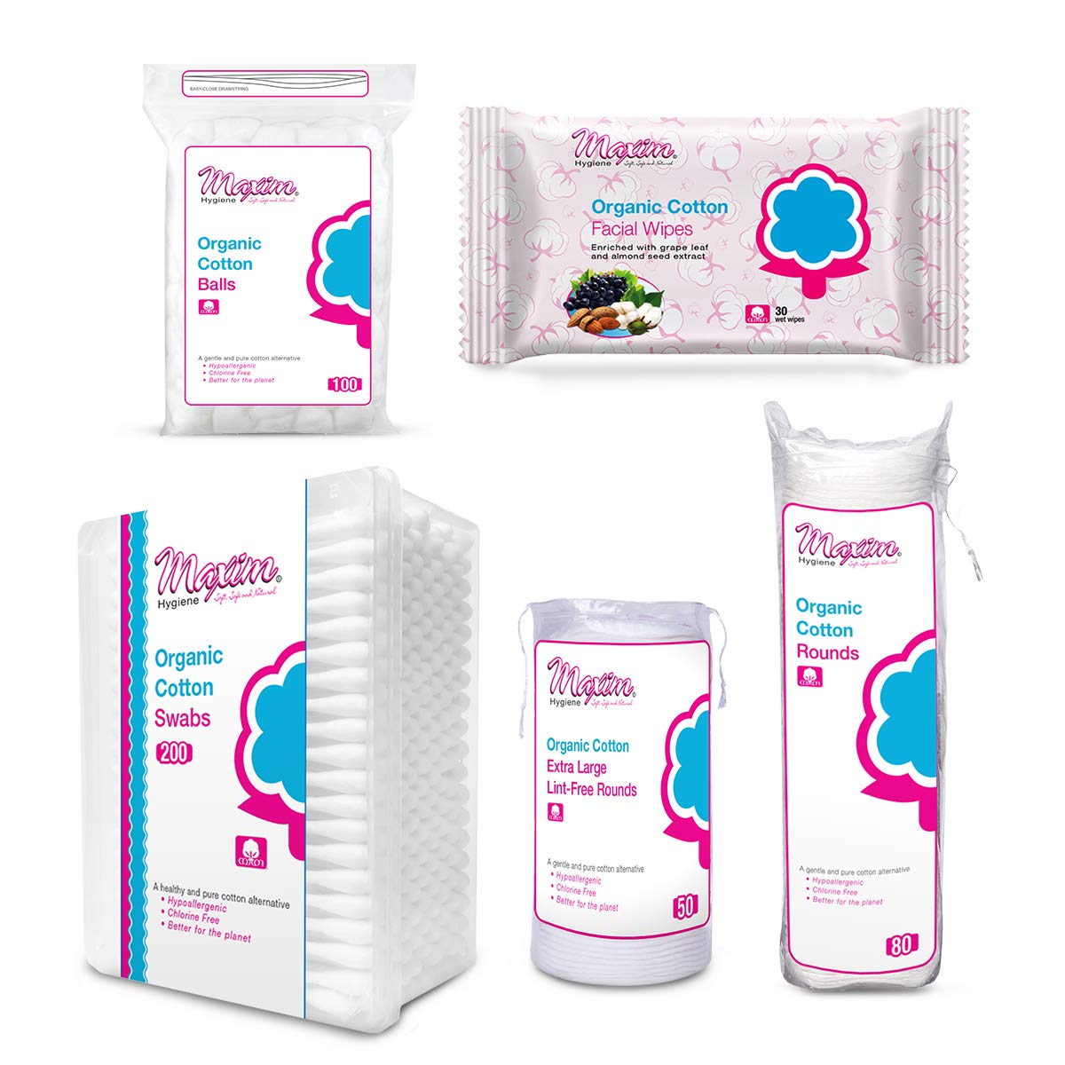 Maxim® Organic Cotton Balls+Rounds+Swabs+2* Facial Wipes