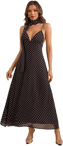 winkbay Women's Polka Dots Tie Backless Dress Deep V Neck Spaghetti Strap Maxi D