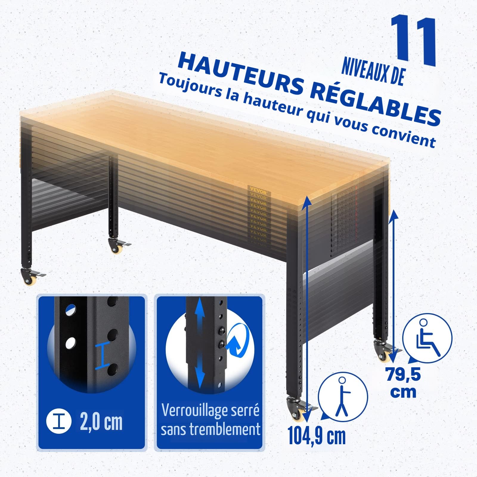 VEVOR Établi Garage Atelier Table de Travail 155x51x105 cm Hauteur Réglable 80-105 cm, Plateau en Bois Chêne Cadre en Acier, Multifonctionnel avec 4 roulettes pour Réparation Bricolage