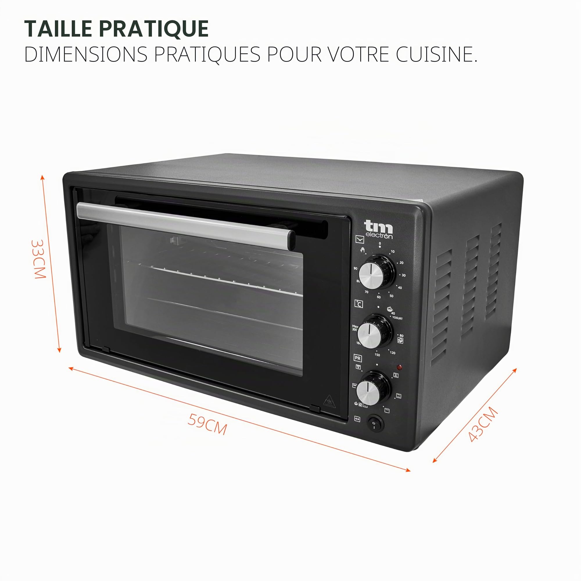 TM Electron TMPHO045 Four à convection de table, 6 fonctions, capacité de 45 litres, minuterie 90 minutes, température réglable de 80° à 250°, 1400 W