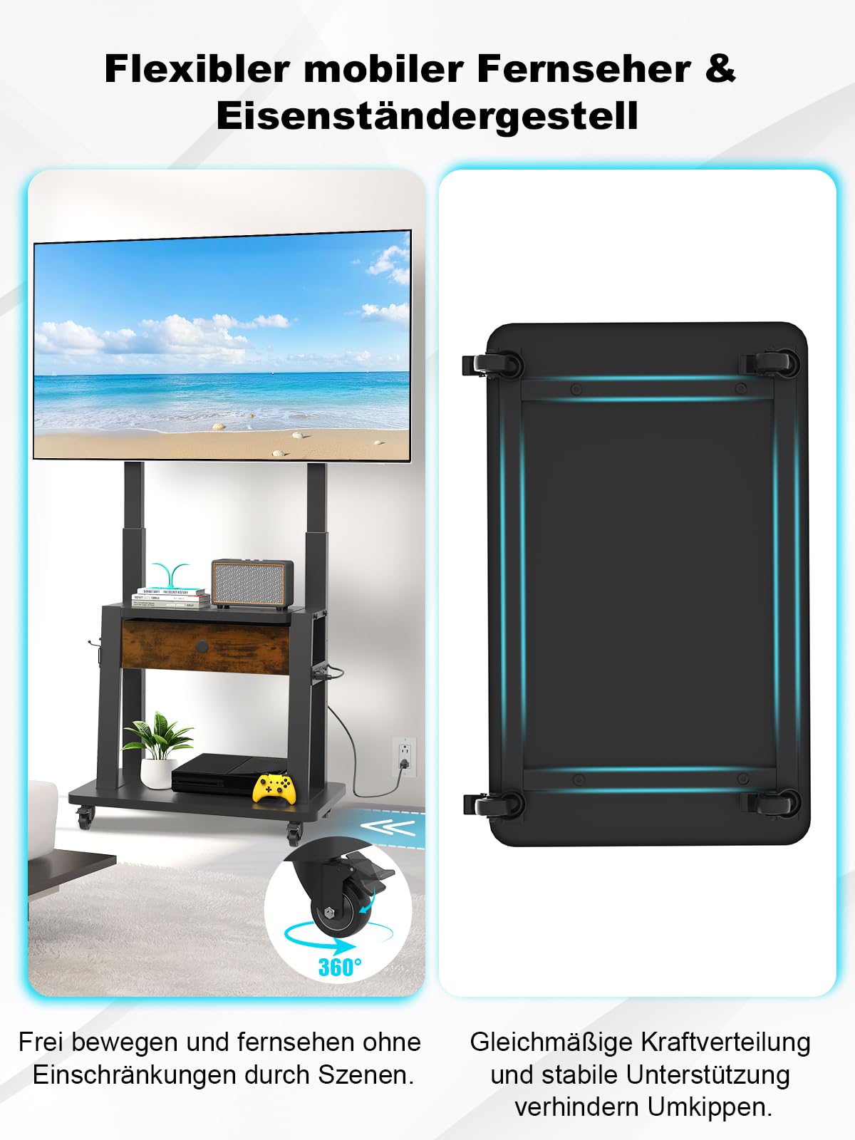 Rollbarer TV-Ständer mit Steckdose und Stoffschublade für 32"-75" Flach/Curved Bildschirme bis 100 kg. Mobiler TV-Wagen für LCD/LED/OLED-Fernseher mit Rollen für Homeoffice. Max. VESA 600 x 400 mm