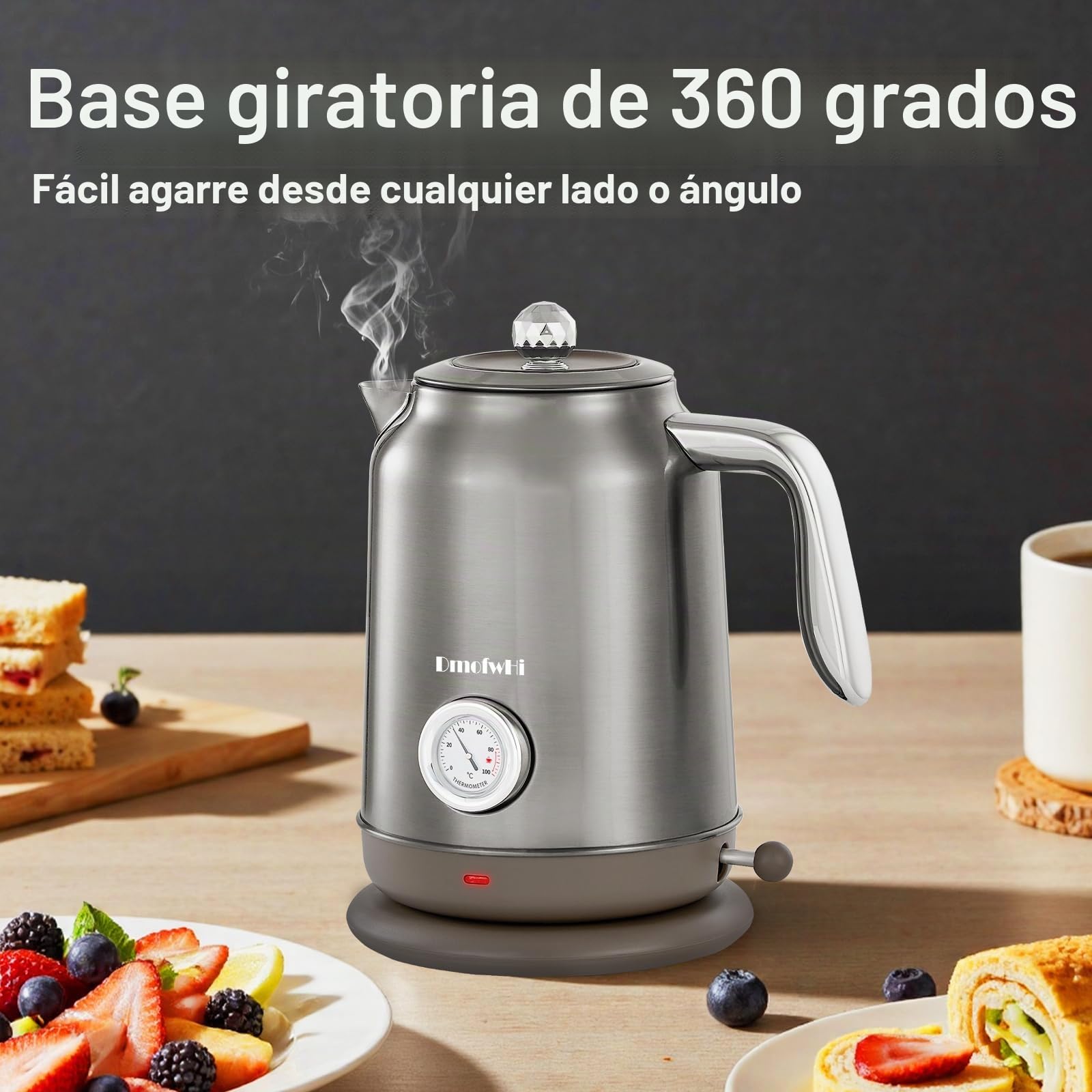 DmofwHi Hervidor de Agua Eléctrico de 1,7 Litros - Tetera Electrica con Termómetro e Indicador de Temperatura - Apagado Auto & Protección Ebullición Seca - Para Café, Té y Familia (Cromo)