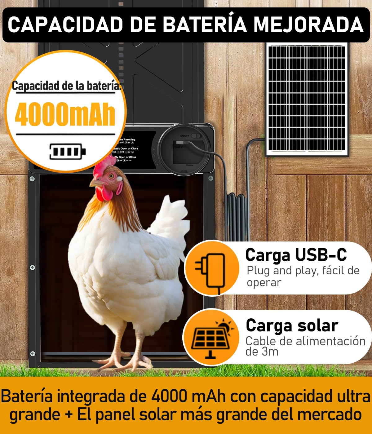 Puerta Gallinero Automática Solar, con Función Manual y Temporizador, Puerta Automática Gallinero con Energía Solar Anti-aplastamiento | Control Remoto | Gran Panel Solar | Batería de Alta Capacidad