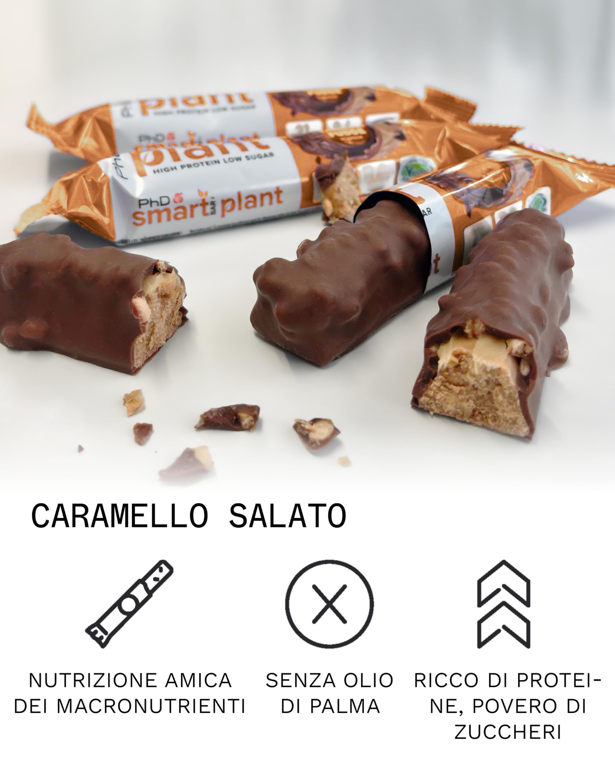 PhD Nutrition Smart Bar Barretta proteica vegana 12x64g Caramello salato - Protein Bar con 21g di proteine e poco zucchero, Adatta per una dieta macro