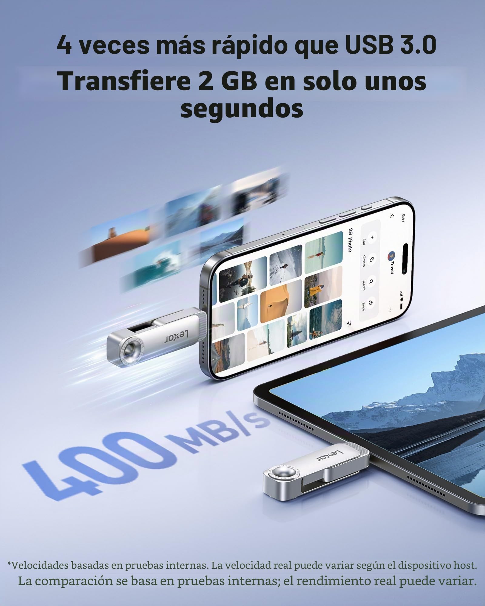 Lexar D50E 128GB Unidad SSD Dual, Unidad Flash USB con hasta 400 MB/s de Lectura y 360 MB/s de Escritura, Puertos USB-C y USB-A, Diseño Giratorio Metálico, Compatible iPhone 17, Android, PC