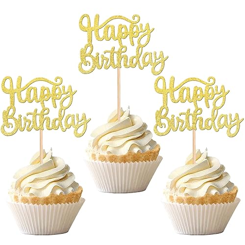 36 piezas de decoración de cupcakes con purpurina para cumpleaños, decoraciones para celebrar fiestas de cumpleaños, color dorado