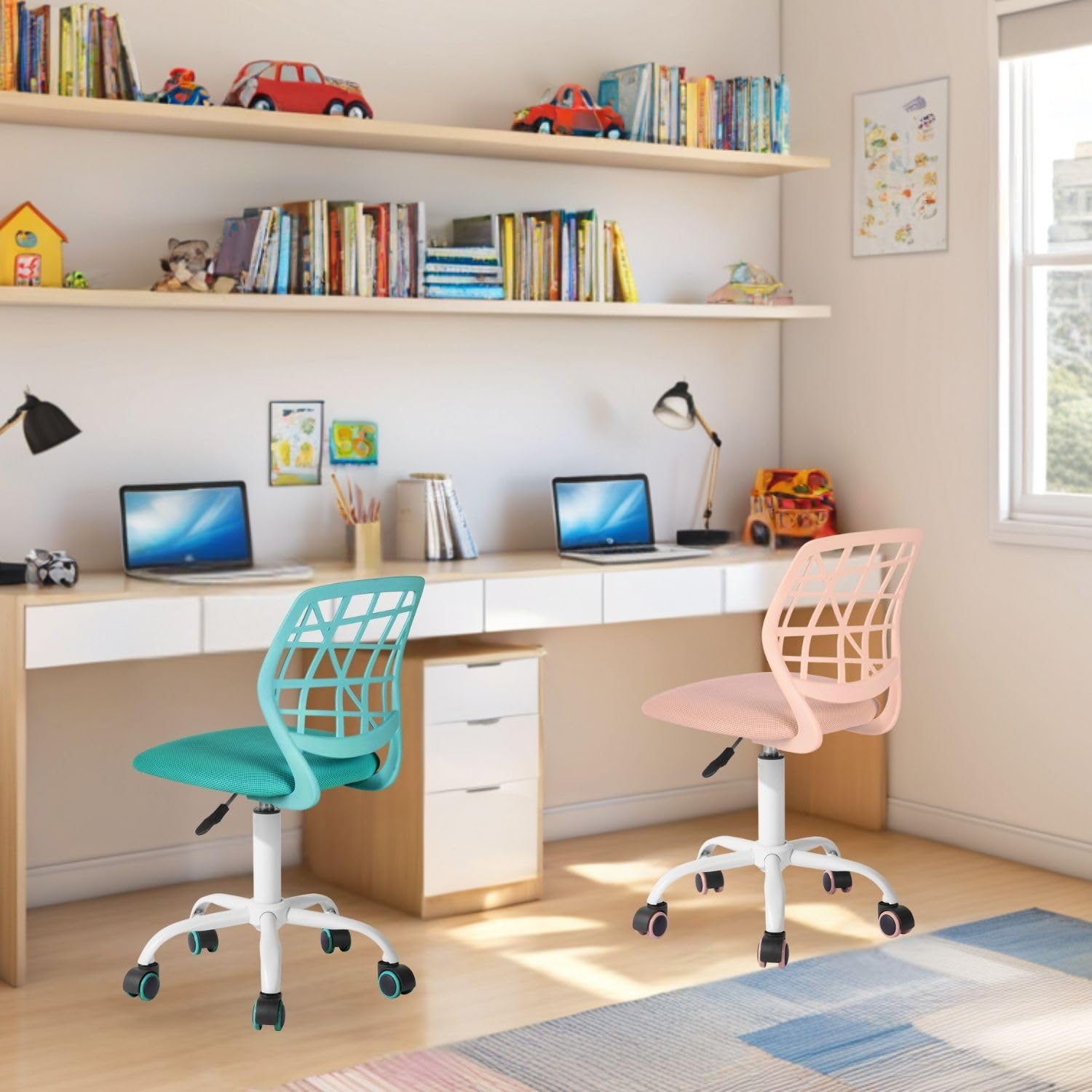 FurnitureR Sedia per bambini regolabile in altezza, colorata ergonomica, con schienale e braccioli, sedia per bambini a 5 ruote, per bambini dai 3 ai 10 anni, carico massimo 100 kg