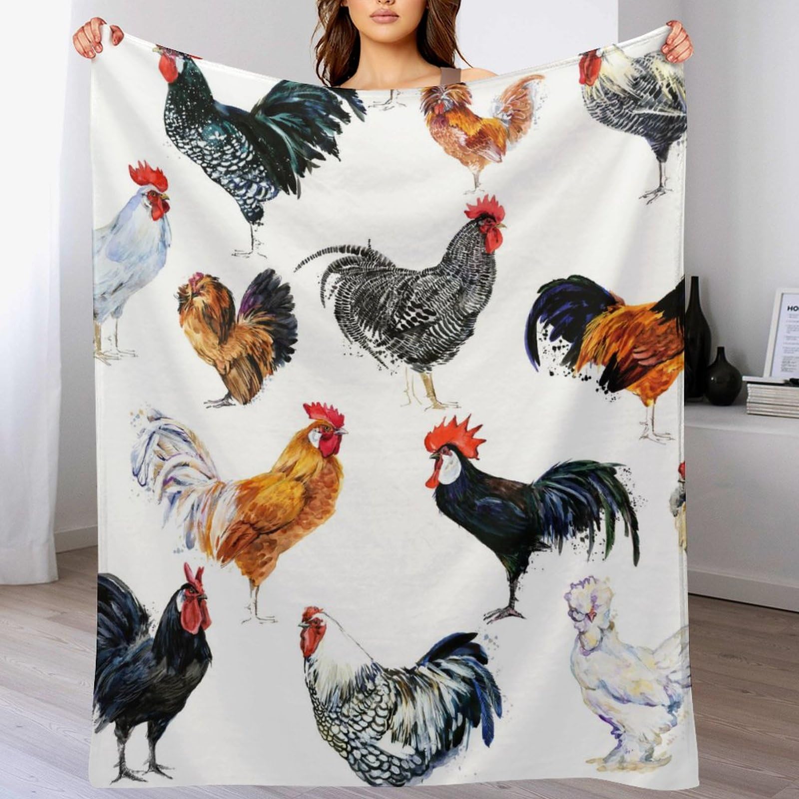 Melbrakin Color695 Watercolor Roosters Hens Chicken Soft Flannel Travel Blanket, Living Room Home Sofa Decoration Blanket, Dormitory Office Nap Blanket